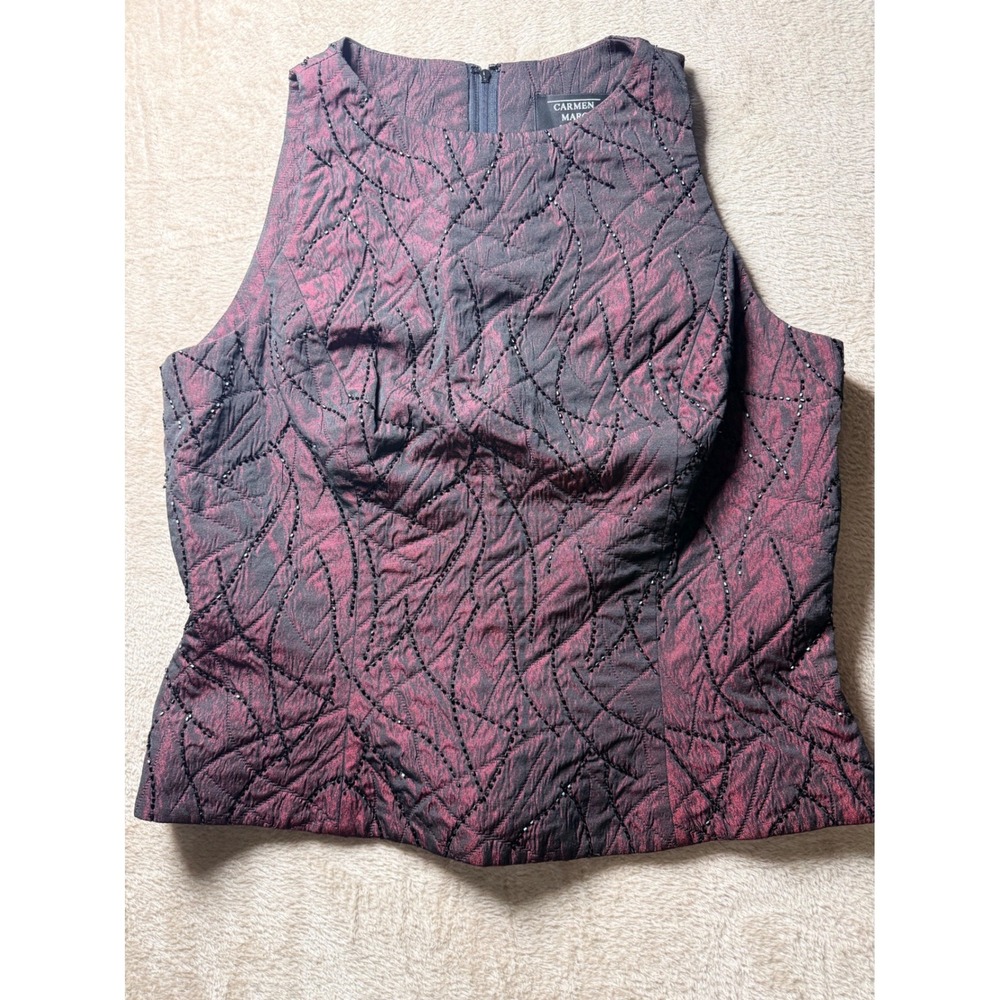 VTG Carmen Marc‎ Valvo Burgundy Black Beaded Brocade Evening Top Sz 12 Feminine